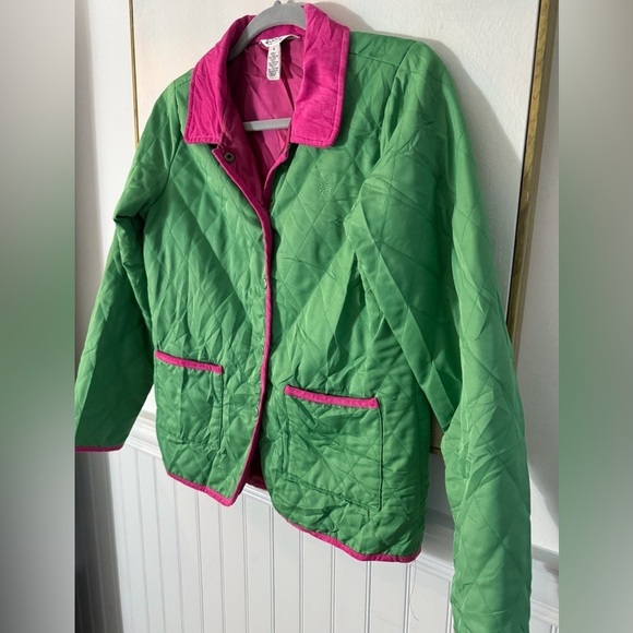 LILY PULITZER Bright Green Quilted Barn Coat Pink Piping Girls Size 16 - Picture 2 of 6